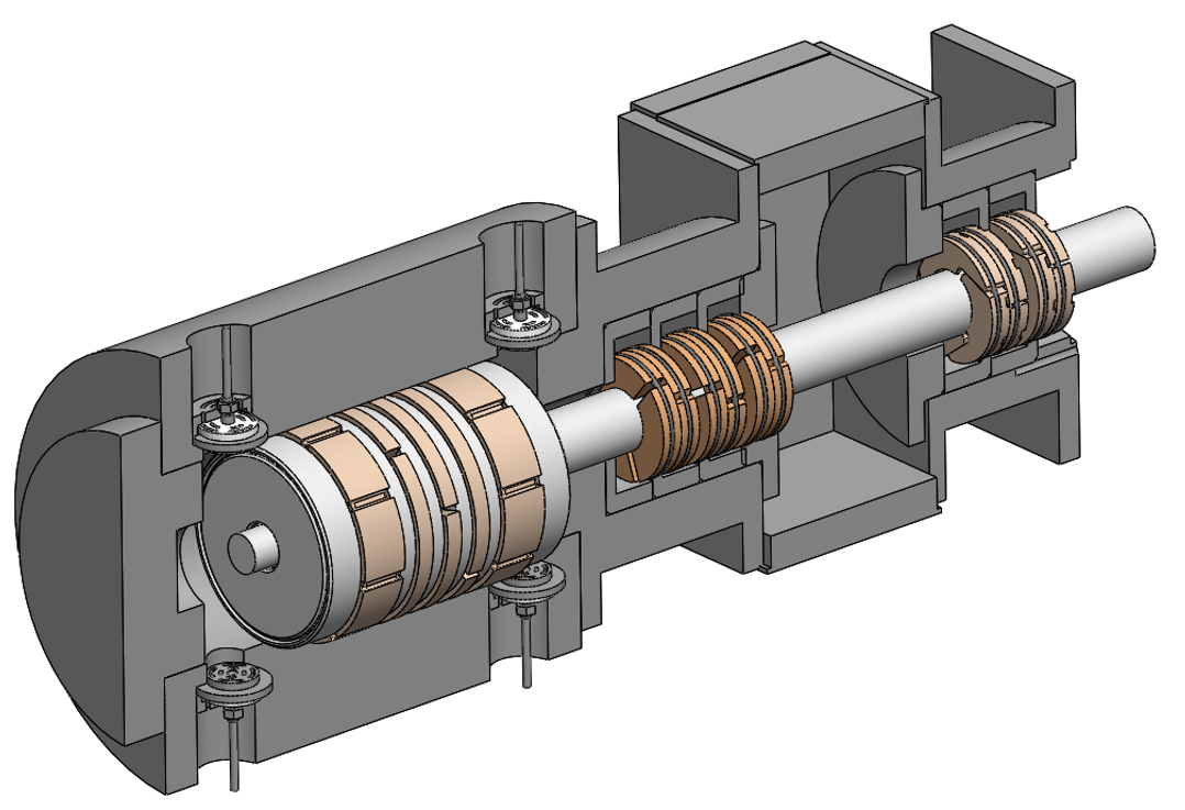 Cross-sectional view of a mechanical assembly with a shaft, bearings, and segmented rings inside a housing and mounting bolts outside.