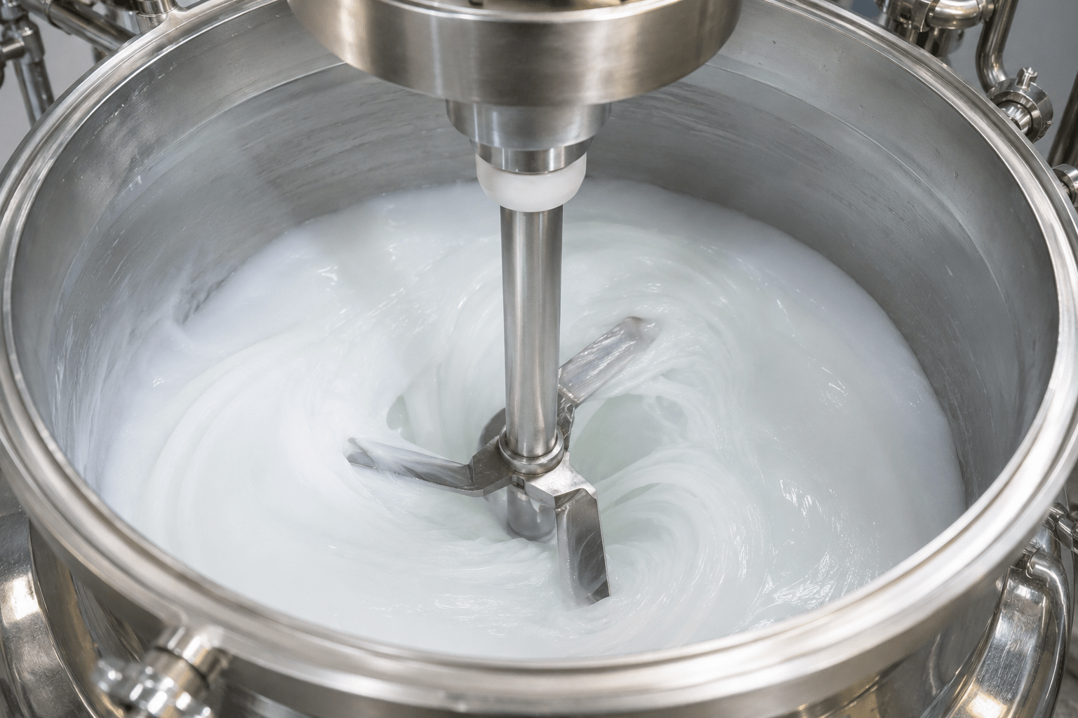 Industrial stainless-steel mixer blending a white liquid inside a large stainless tank.