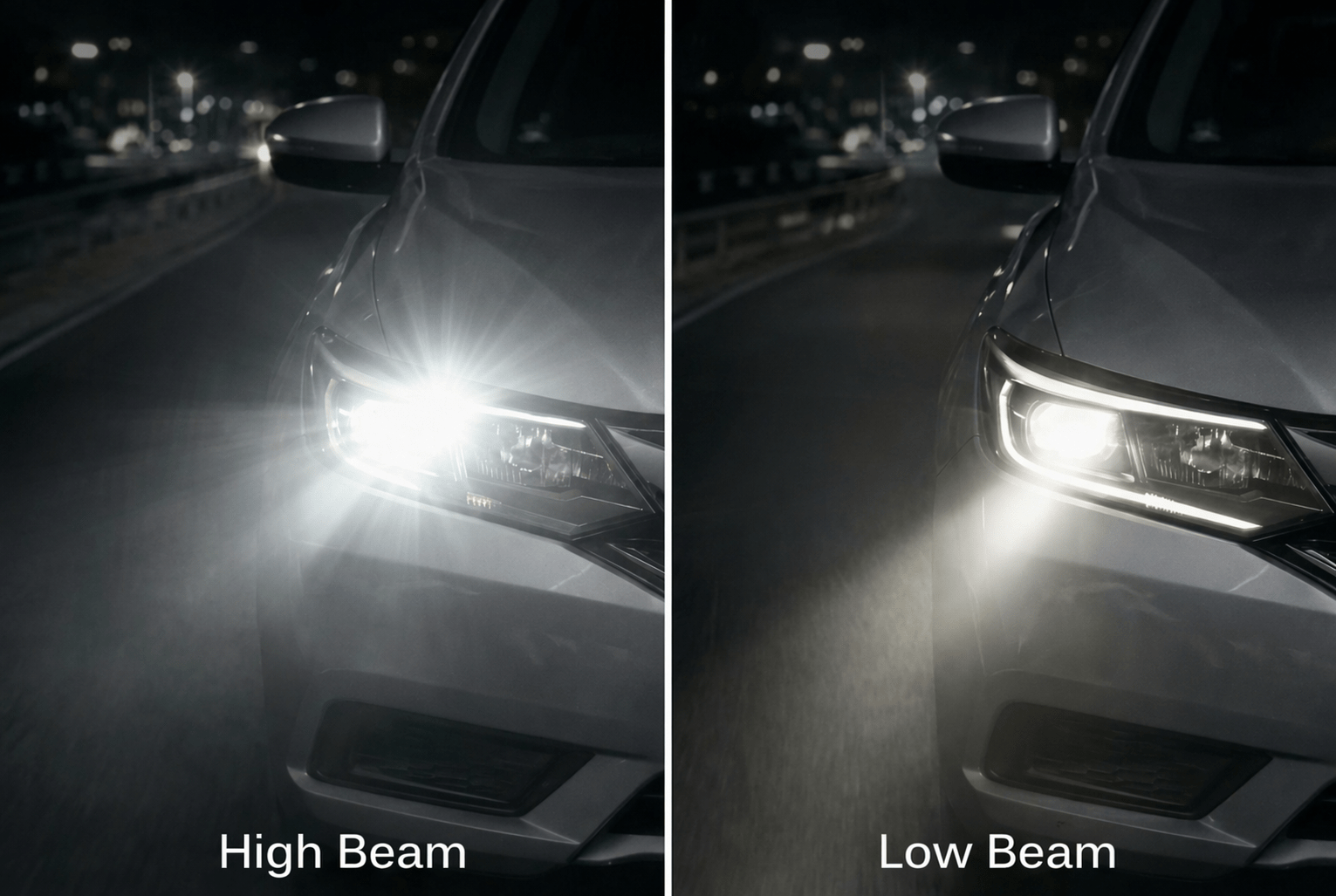 Split image of a car at night showing high beam on the left and low beam on the right