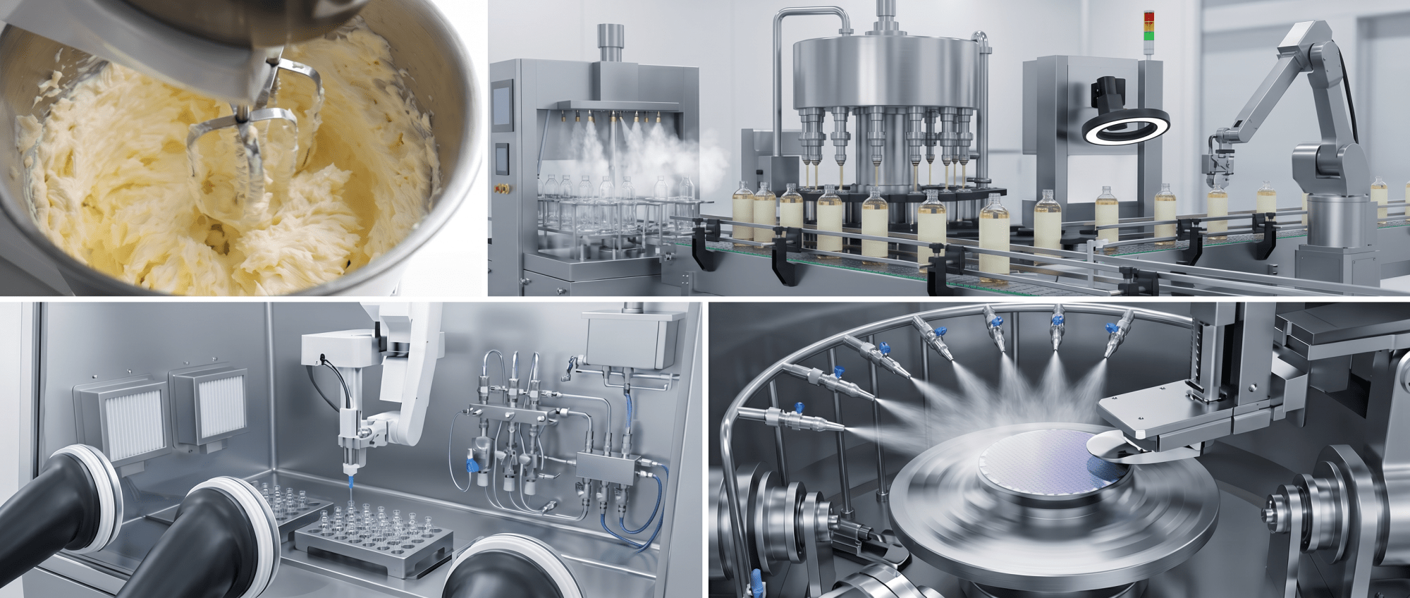 Collage of dairy and pharmaceutical manufacturing: butter mixer, bottle-filling line, and robotic arm on a conveyor.