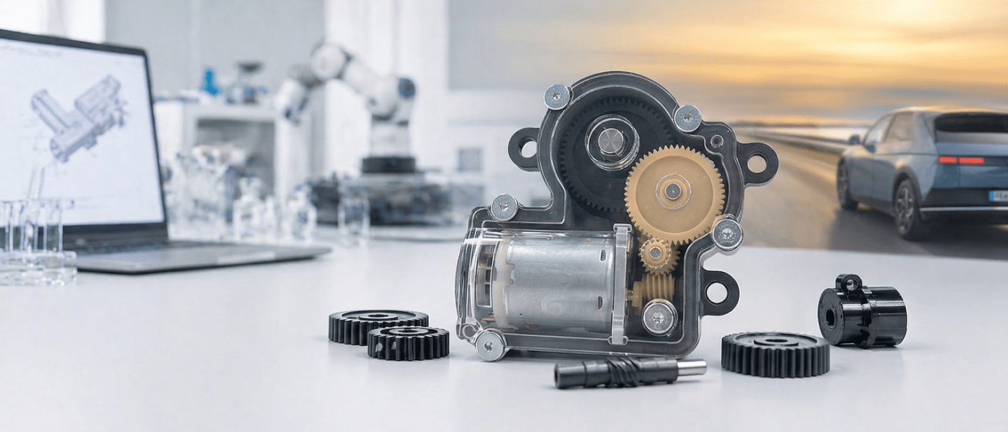 Cutaway view of a car transmission with gears and a small motor on a lab bench; a laptop with technical drawings and a car on a road are in the background