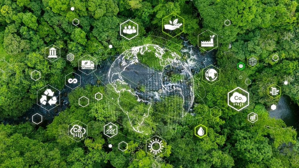 Aerial forest view with a translucent globe overlay and floating sustainability icons (CO2, recycling, energy, pollution).