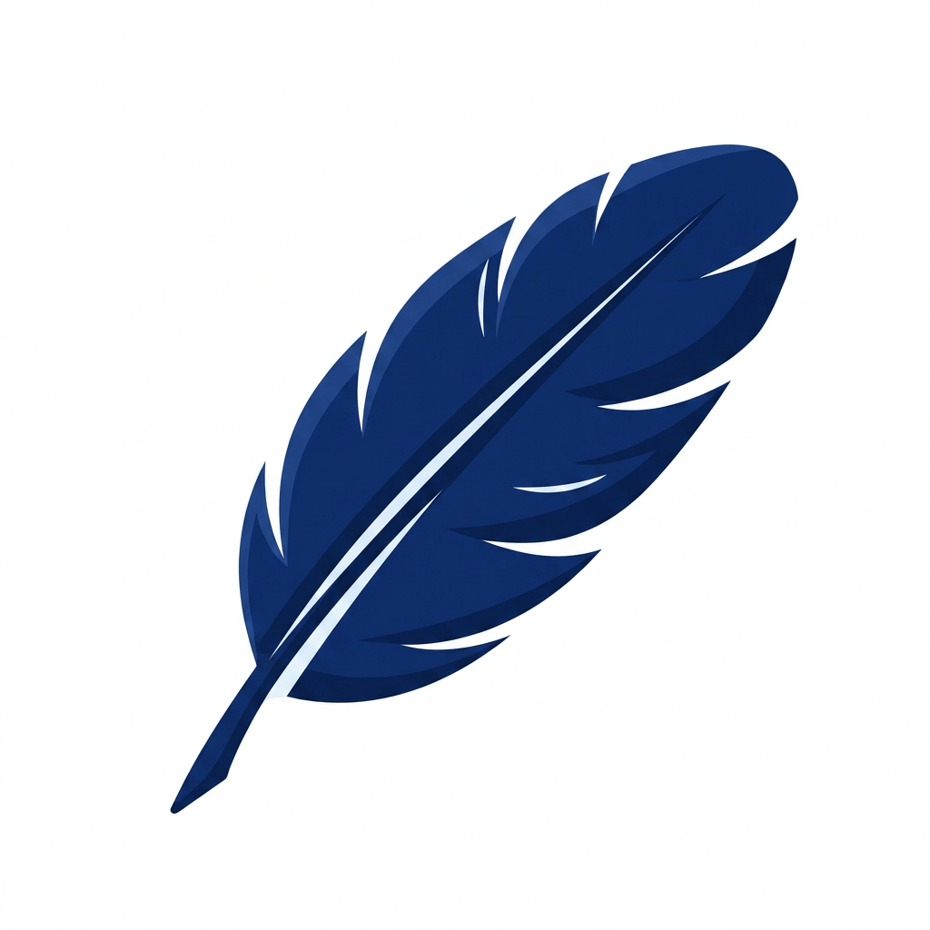 Blue feather illustration on a white background, diagonal from bottom-left to top-right.