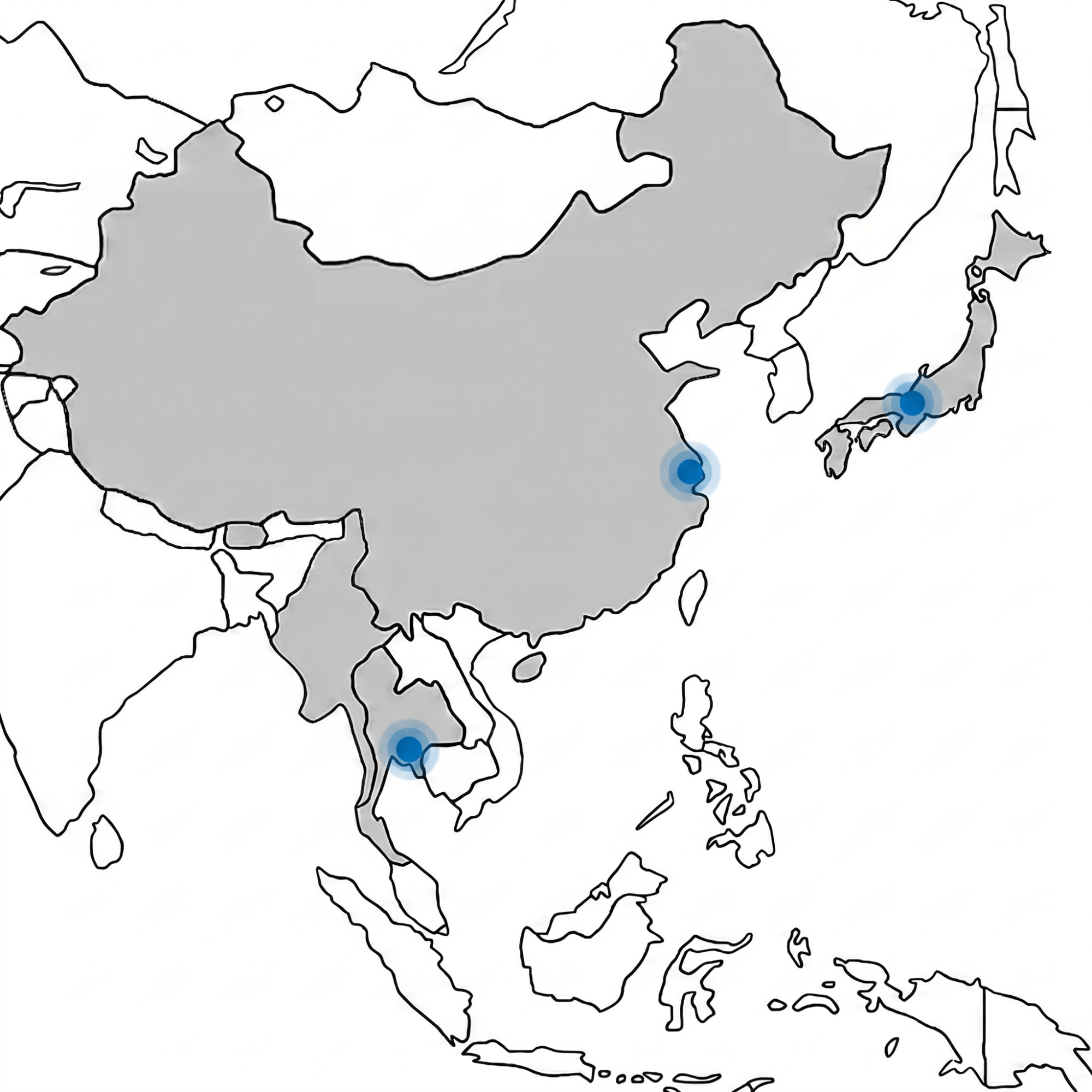 Stylized map with gray landmasses and blue location pins marking three spots in the region.